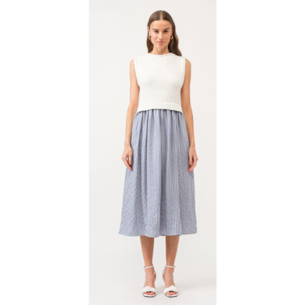 Elegant White and Blue Striped Midi Dress